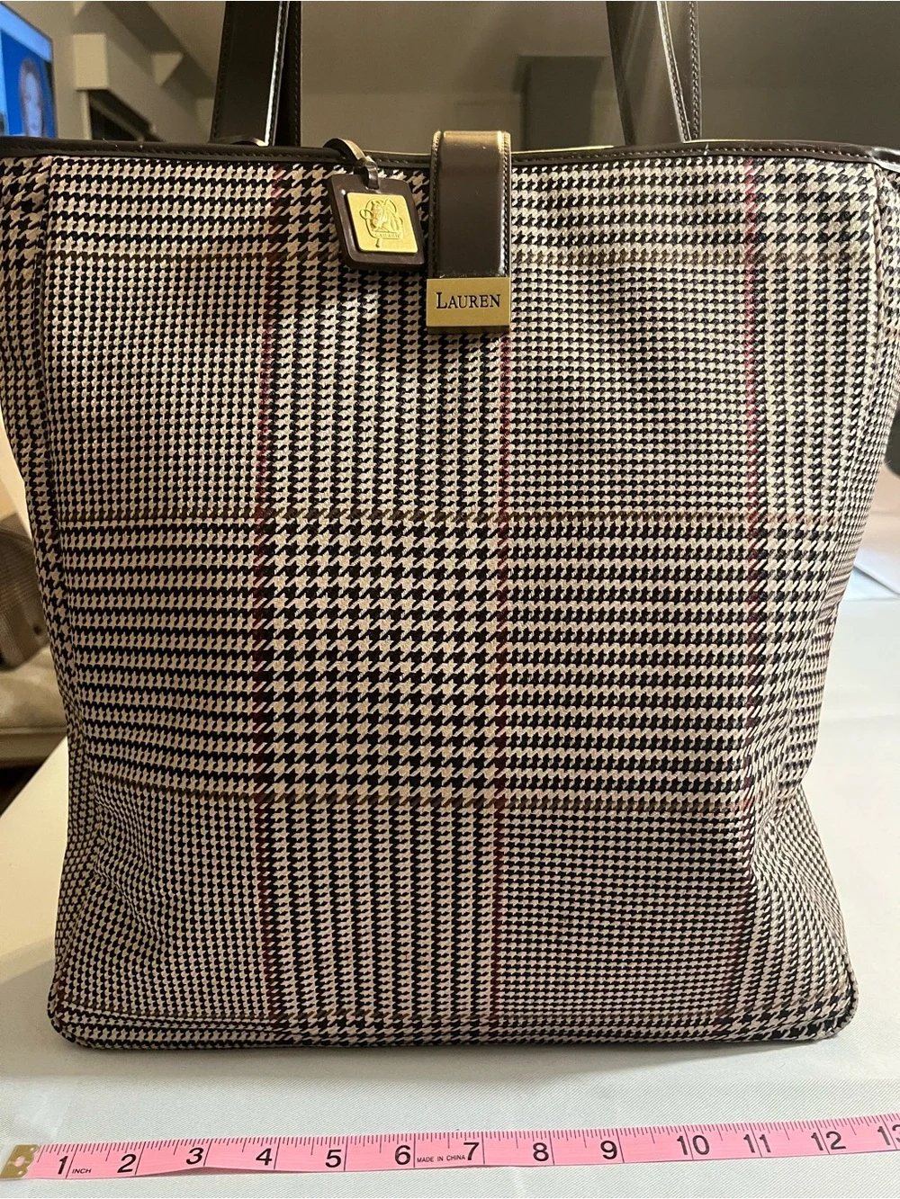 Ralph Lauren Black and White Houndstooth Tote with Subtle Red Stripes
